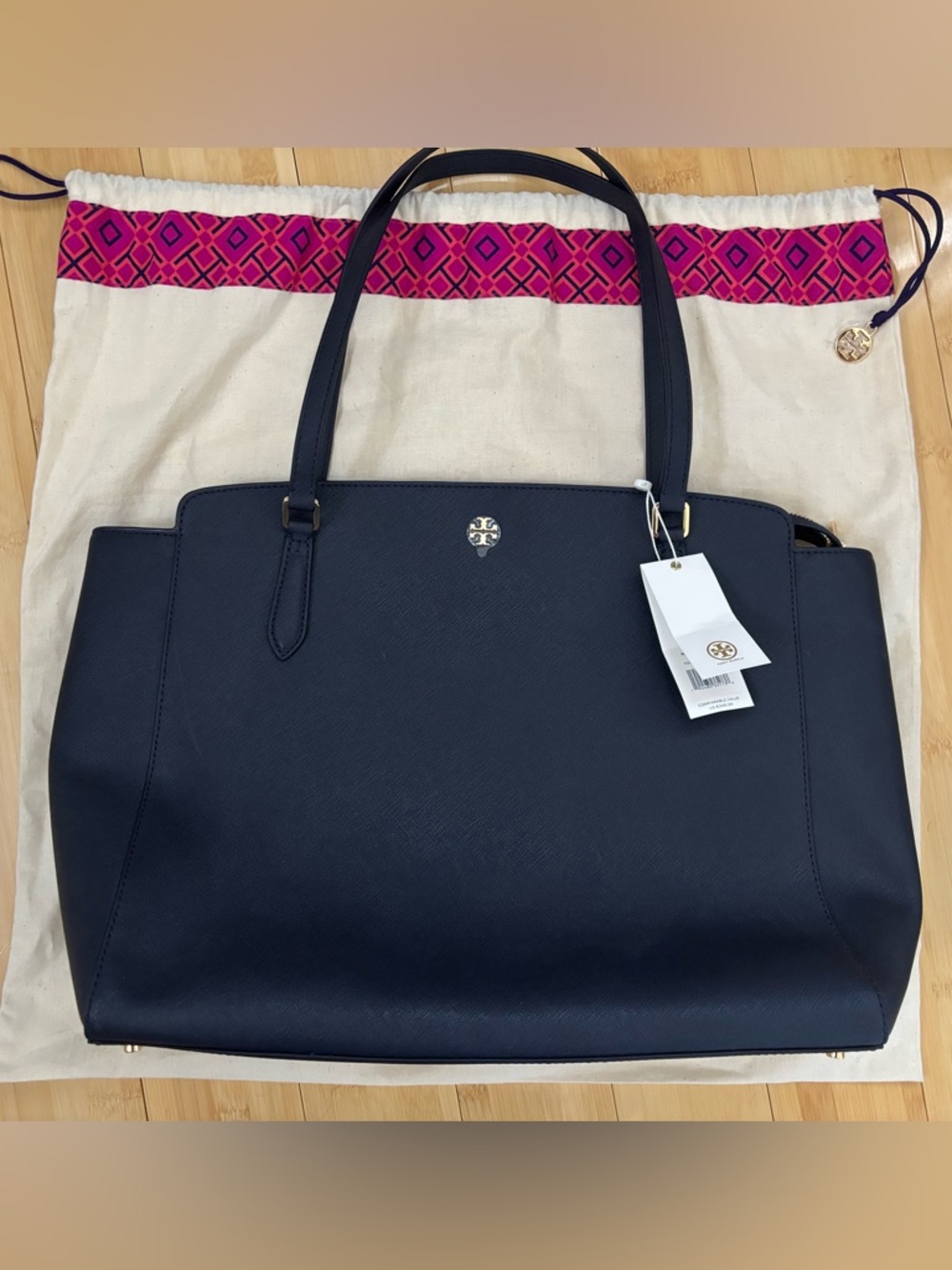 Tory Burch Navy Emerson Top Zip Tote with Gold Logo Retail $345